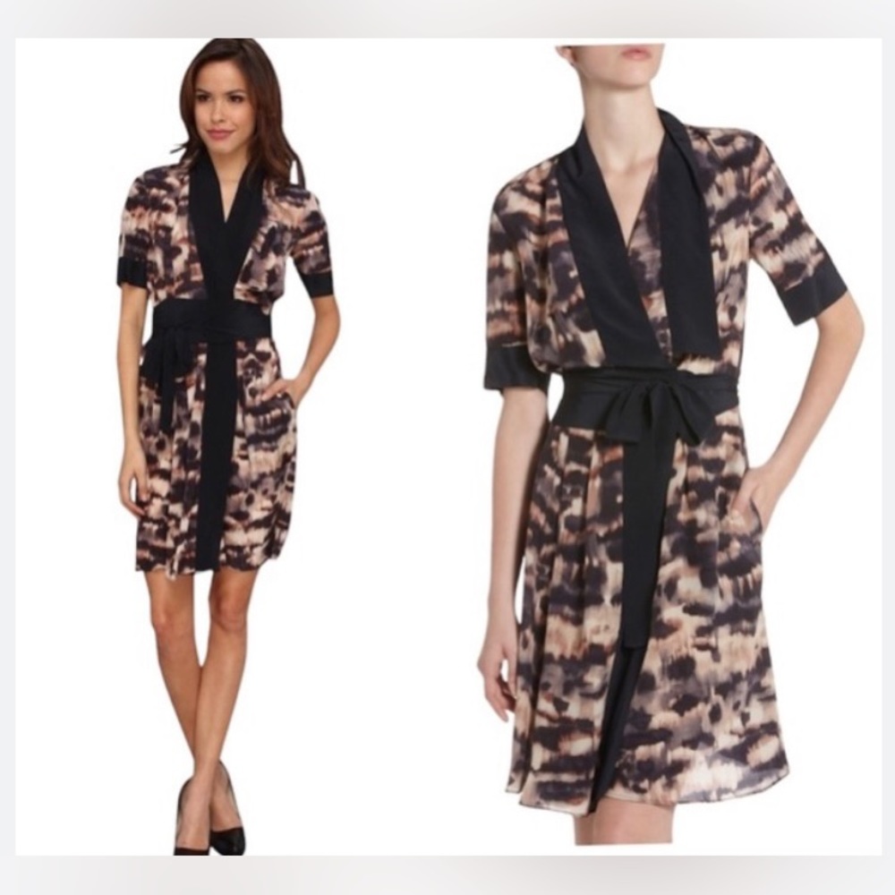 BCBG Max Azaria short sleeve watercolor print silk faux wrap dress